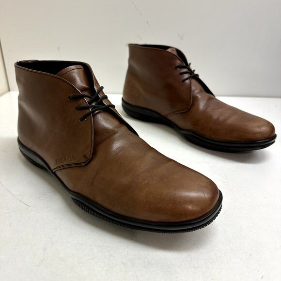 GOOD Prada Sport Leather Lace-Up Boots Chukka Brown Calf T 2050 UK 8.5 / US 9.5 - Picture 4 of 11
